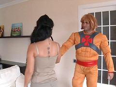 Costume dude and a big breasted girl fucking hard