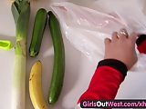 Girls Out West - Vegetables in her hairy amateur pussy
